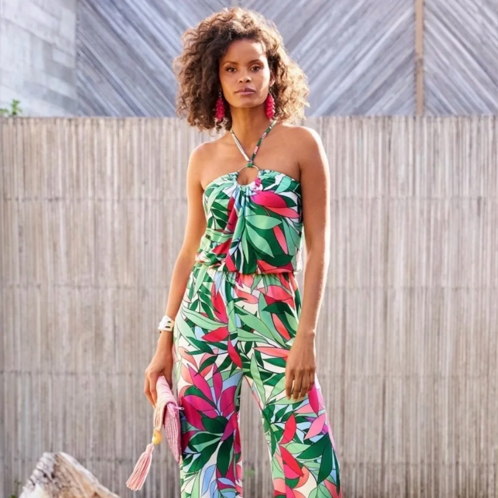 Boston Proper Tropical Palm Print Dela Halter Ring Jumpsuit‎ Sz S